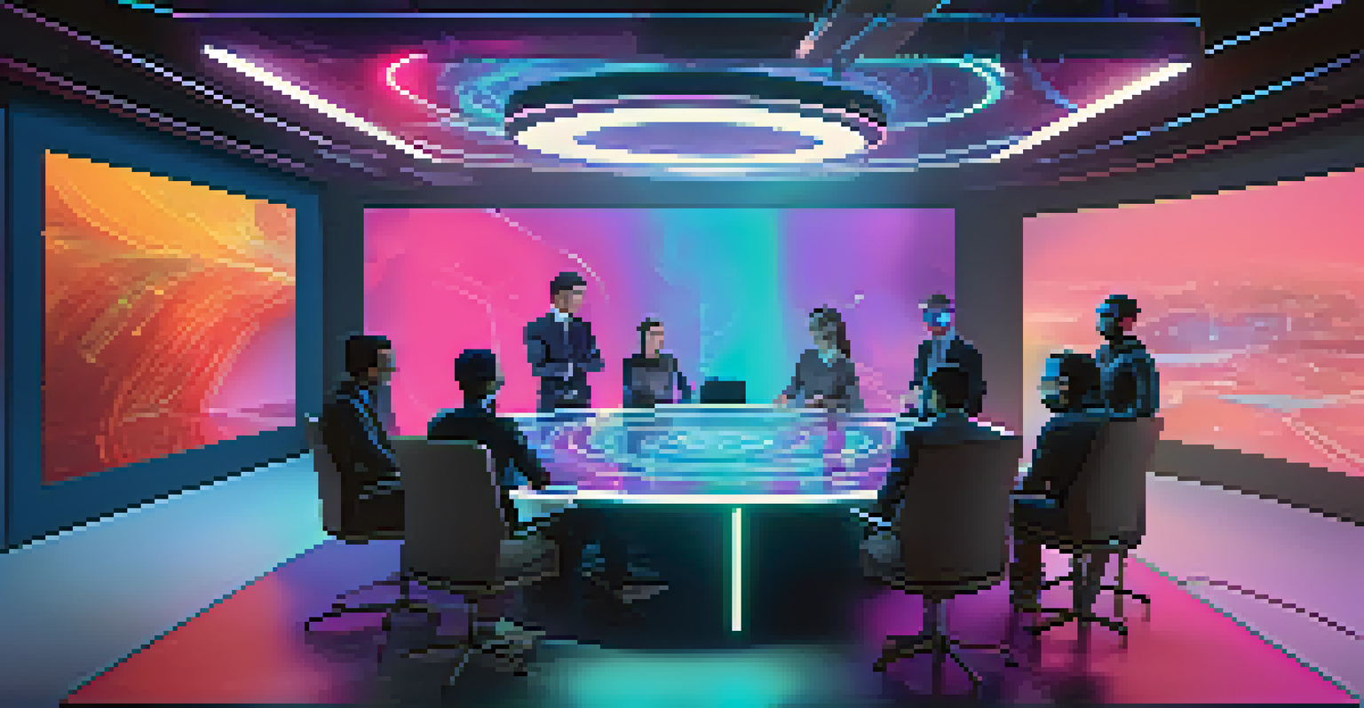 A futuristic virtual reality meeting with avatars around a holographic table discussing a 3D project model.