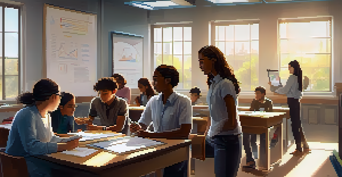 A classroom filled with diverse students actively participating in learning, with a teacher presenting data on a tablet, illuminated by natural sunlight.