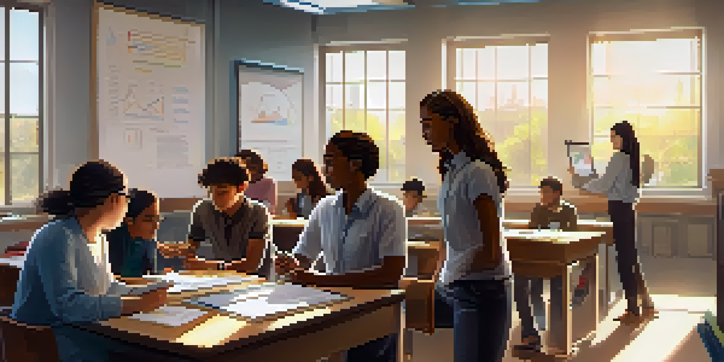 A classroom filled with diverse students actively participating in learning, with a teacher presenting data on a tablet, illuminated by natural sunlight.