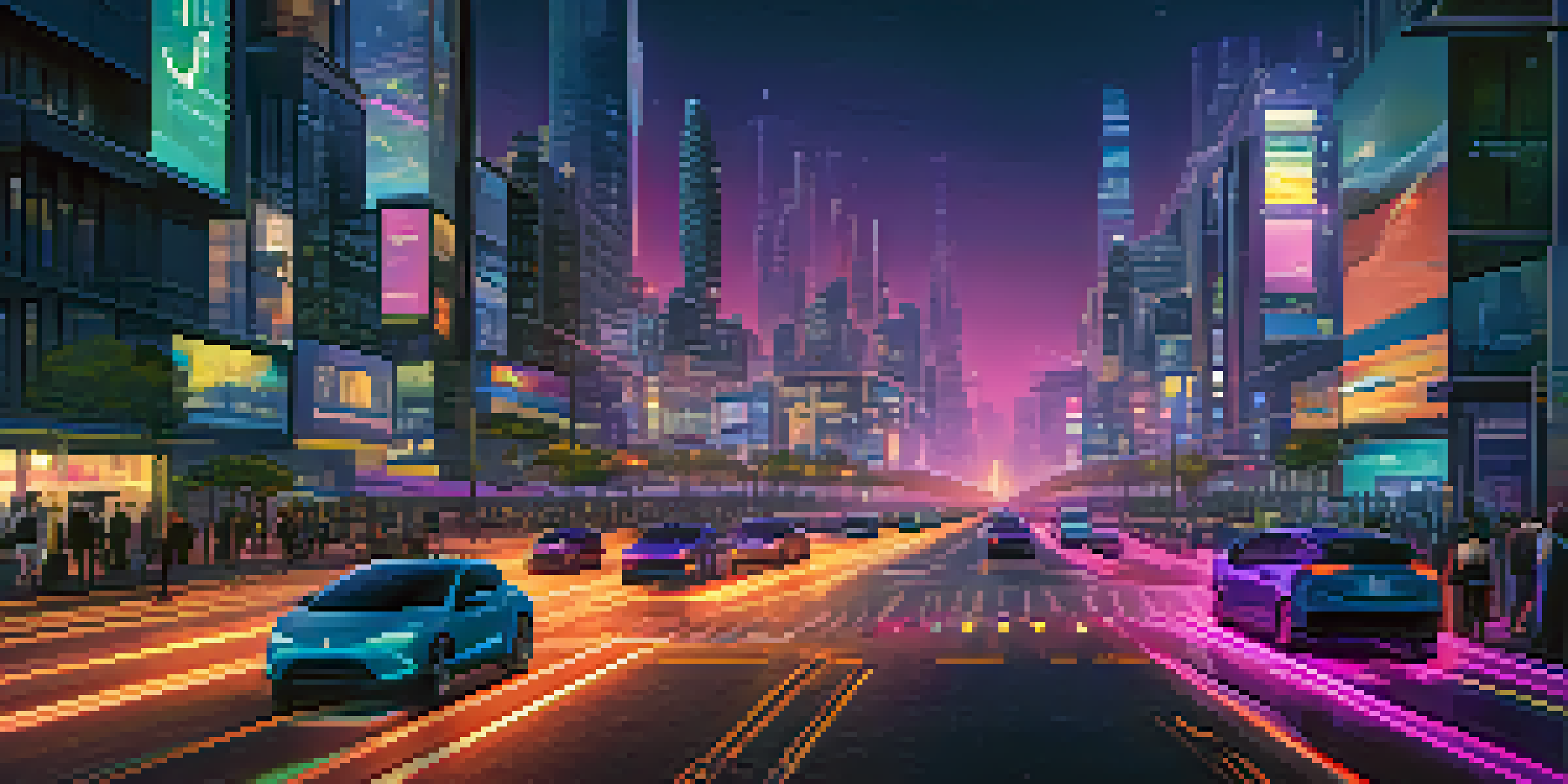 A lively smart city scene at dusk with illuminated buildings and futuristic cars, showcasing a pedestrian using a smartwatch.