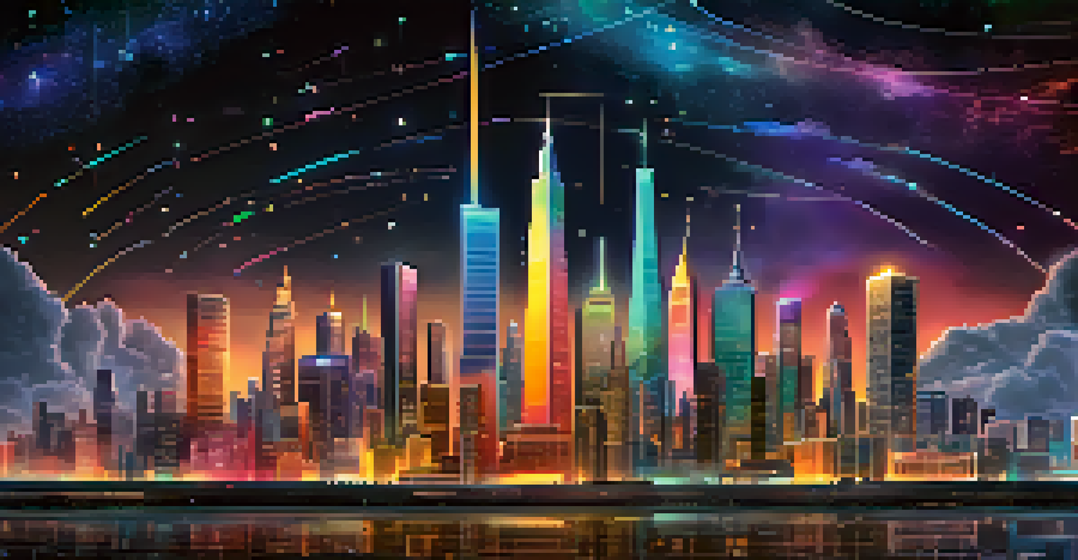 A creative skyline made of colorful buildings representing different serverless computing platforms against a starry night sky.