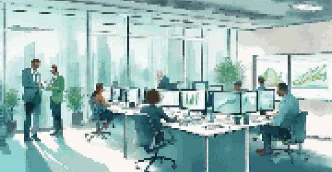 A diverse group of professionals in a bright office engaging in a data governance workshop, surrounded by technology and data visuals.