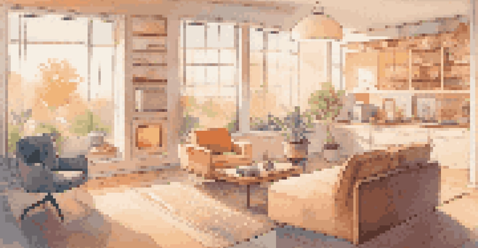 A cozy smart home interior with various IoT devices, illuminated by natural light, highlighting the theme of edge computing and privacy.