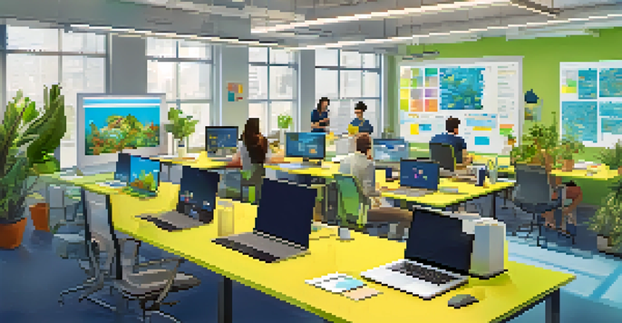 A modern office space with developers working together on laptops, showcasing cross-platform app designs on their screens, bright colors, and plants.