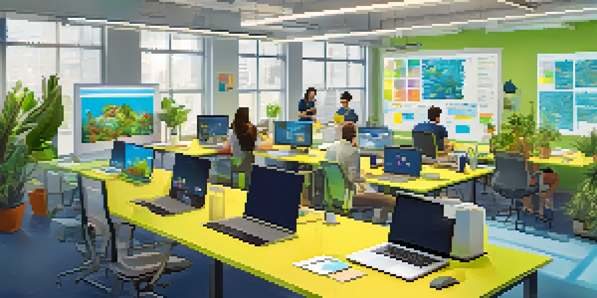 A modern office space with developers working together on laptops, showcasing cross-platform app designs on their screens, bright colors, and plants.