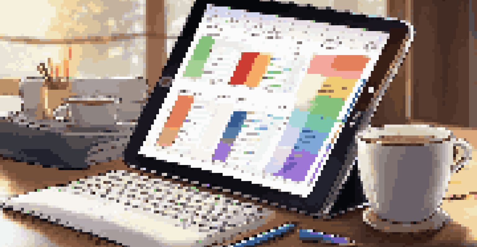 A close-up of a tablet showing a project management app with Kanban boards and tasks, alongside a notebook and coffee cup.