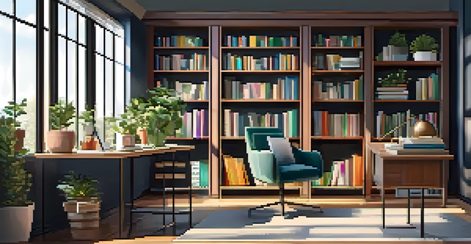 A bright and inviting home office with a desk, computer, plants, and bookshelves, bathed in natural light.