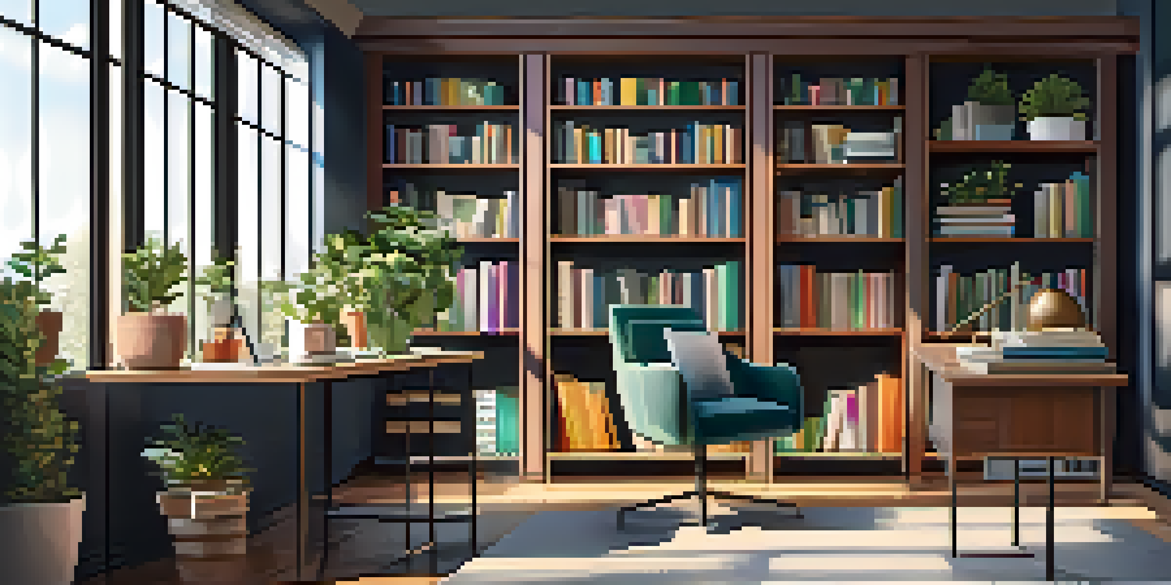 A bright and inviting home office with a desk, computer, plants, and bookshelves, bathed in natural light.
