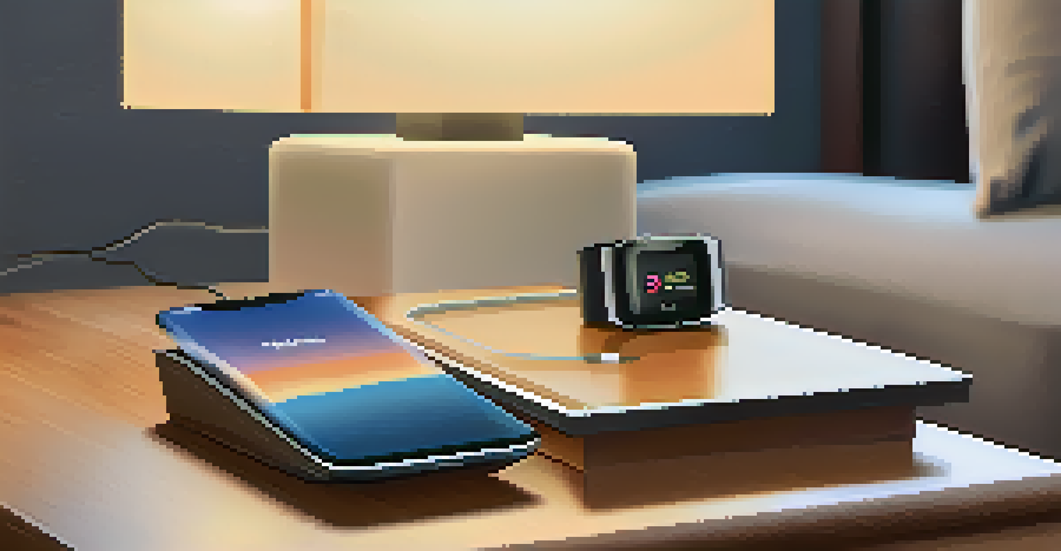 A fitness tracker charging on a bedside table beside a glass of water and a book, in a cozy home setting.