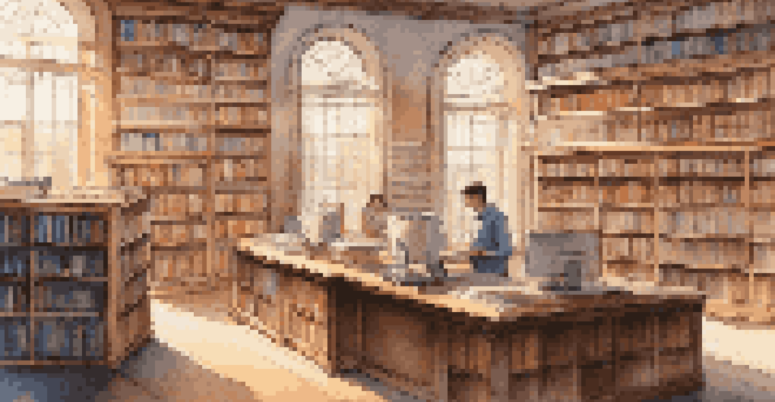 A quiet library scene with a researcher examining data on a computer, surrounded by books and warm sunlight.