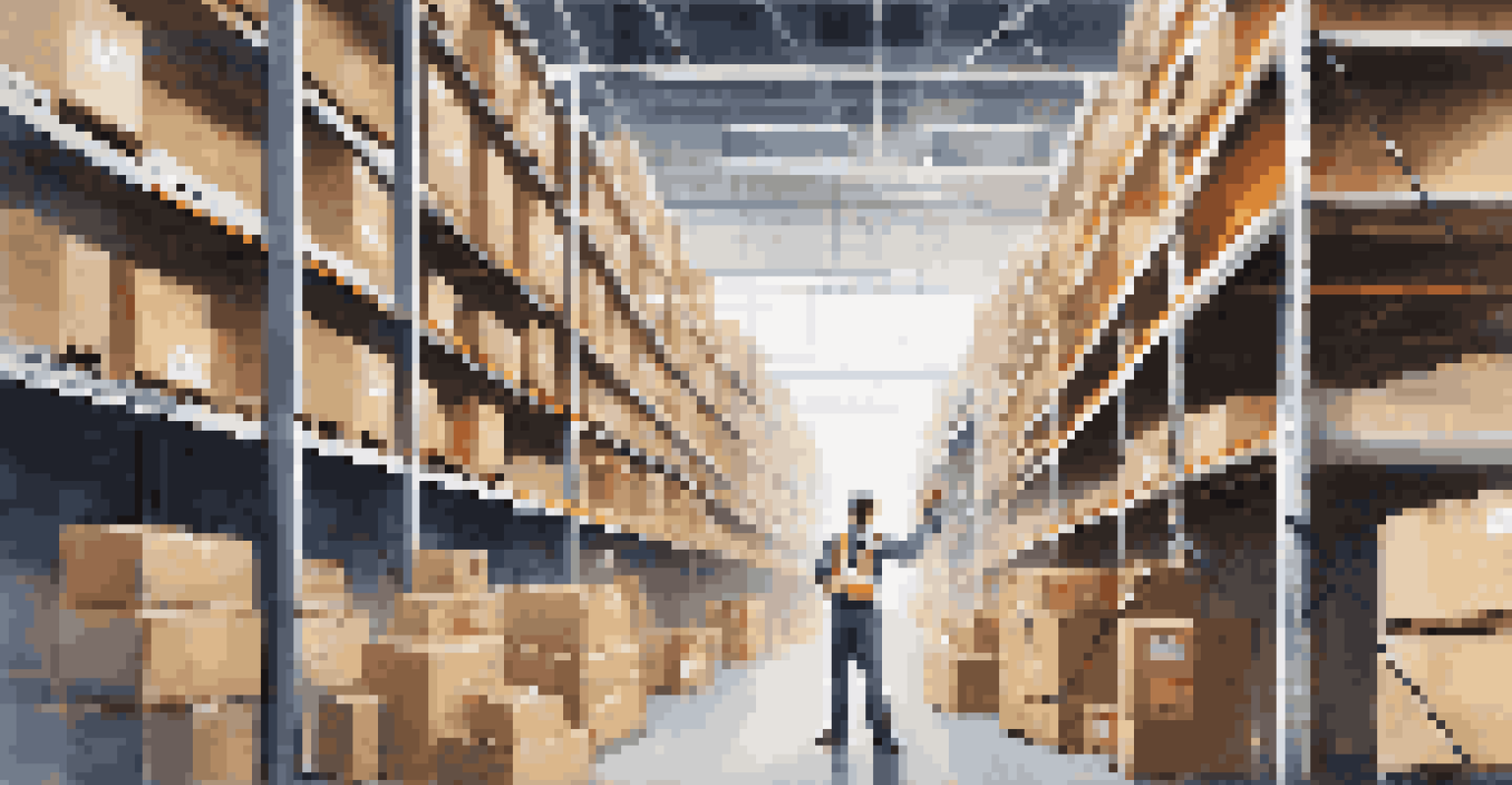 Warehouse workers using augmented reality glasses to visualize inventory in a busy warehouse.