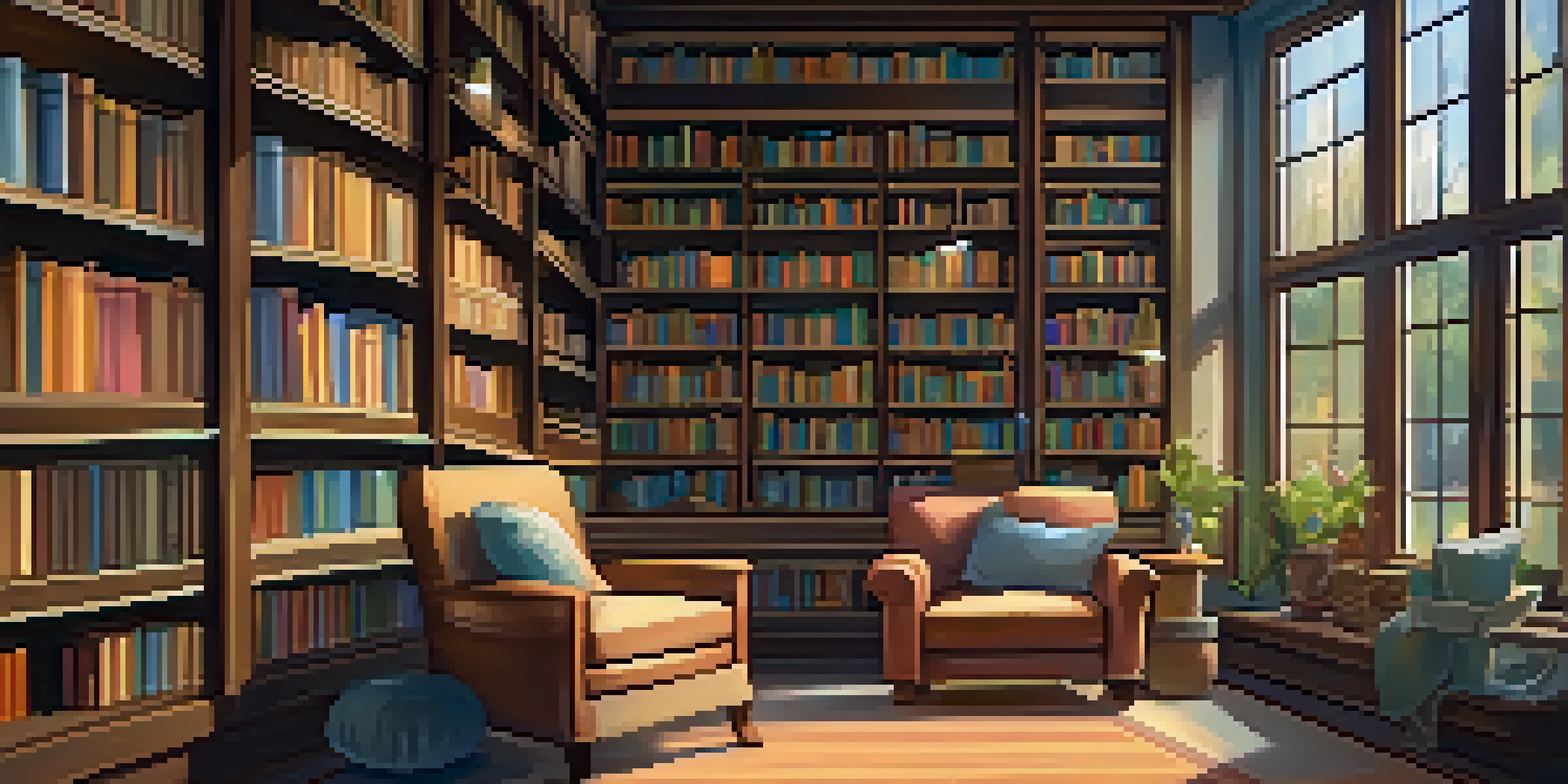 A cozy library with wooden bookshelves, colorful books, warm lighting, and a plush armchair in a reading nook.