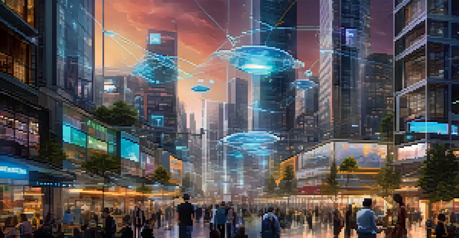 A futuristic city with smart devices, drones, and augmented reality interfaces, illuminated by vibrant lights.