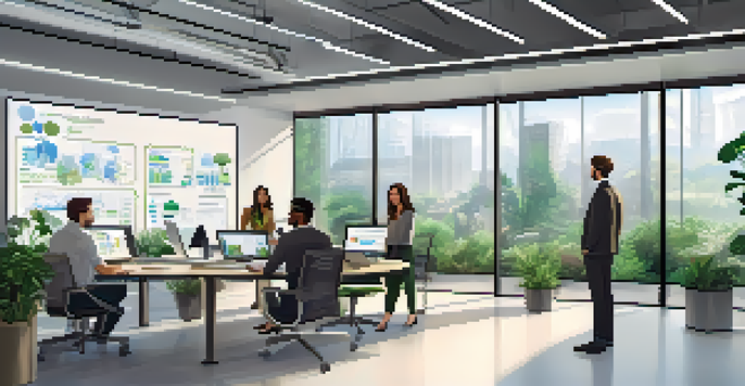 A diverse group of data stewards working together in a modern office, analyzing data on a touchscreen display with visualizations around them.