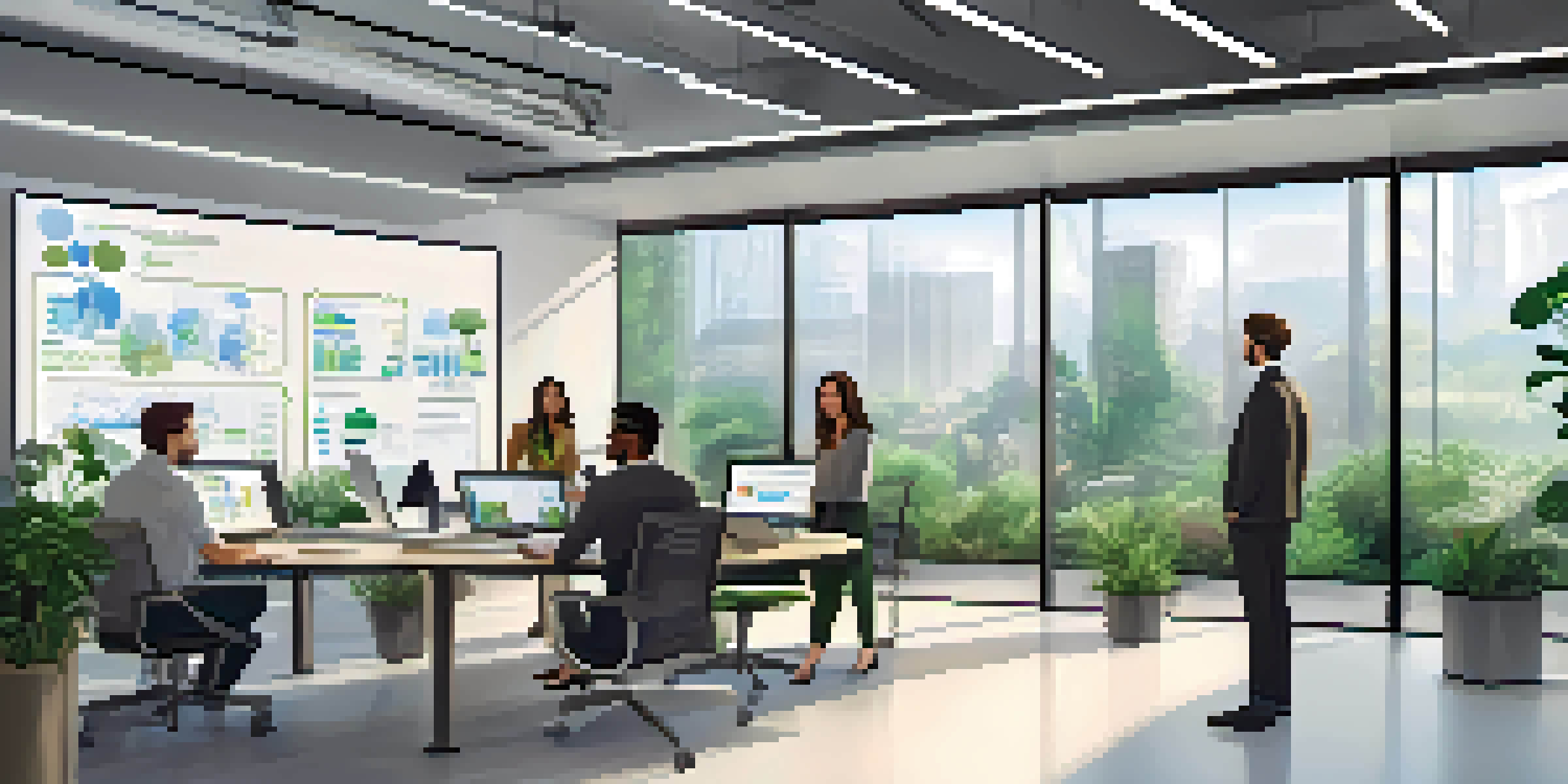 A diverse group of data stewards working together in a modern office, analyzing data on a touchscreen display with visualizations around them.