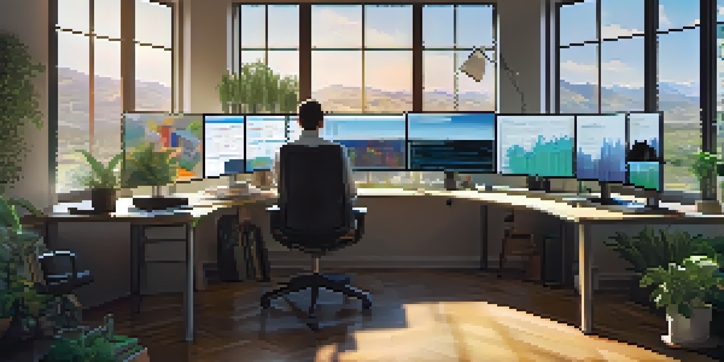 A data scientist working at a desk with multiple screens displaying colorful data visualizations in a bright and plant-filled room.