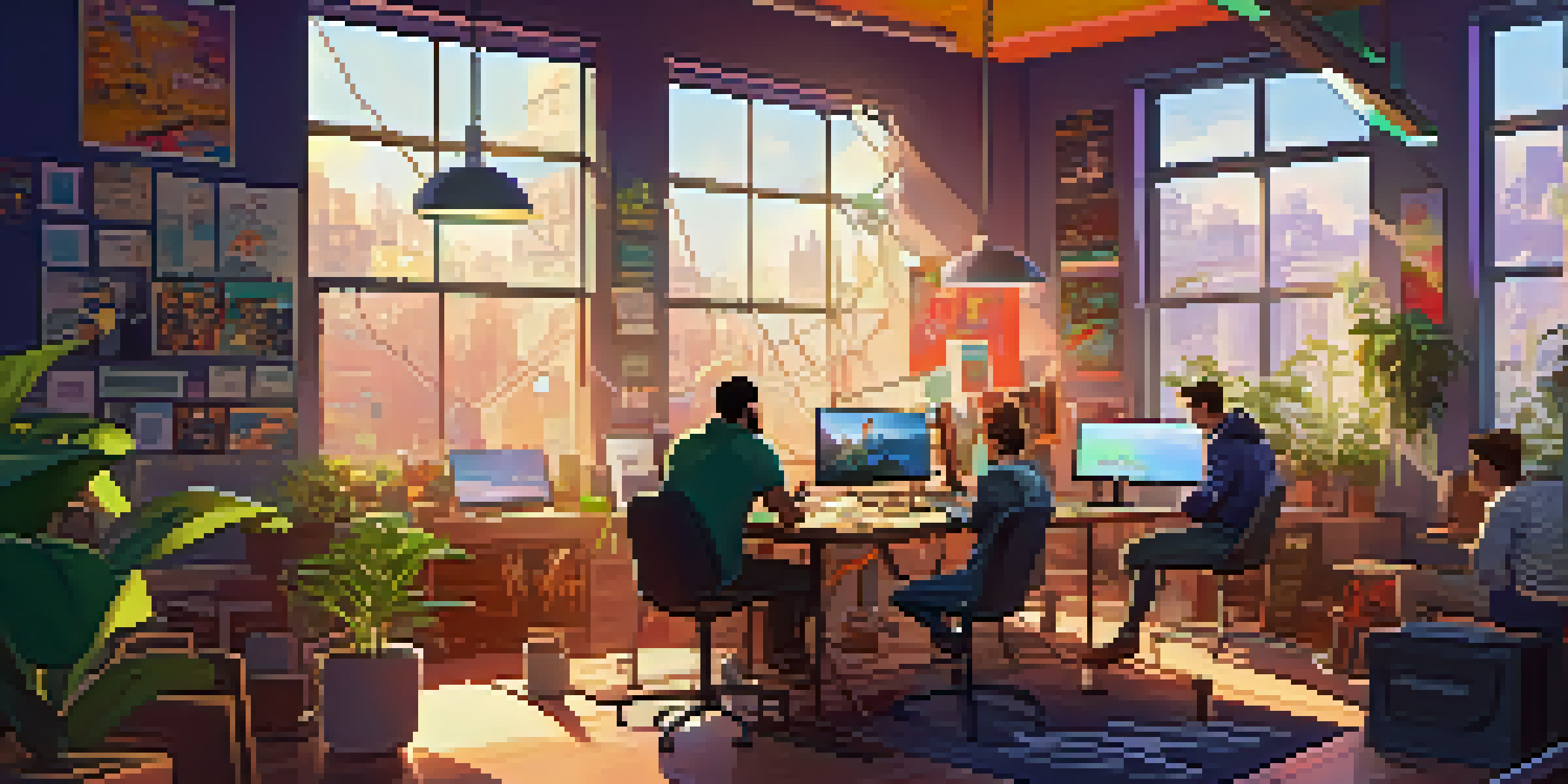 A collaborative indie game development studio filled with developers working on laptops, surrounded by sketches and game assets, with sunlight streaming through the windows.