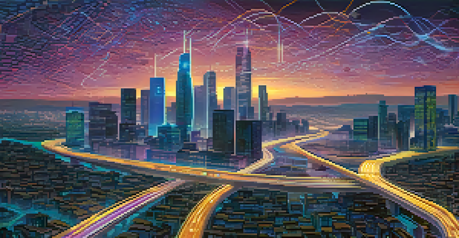 An abstract illustration showing digital patterns and algorithms over a city skyline at dusk, representing AI in fraud detection.