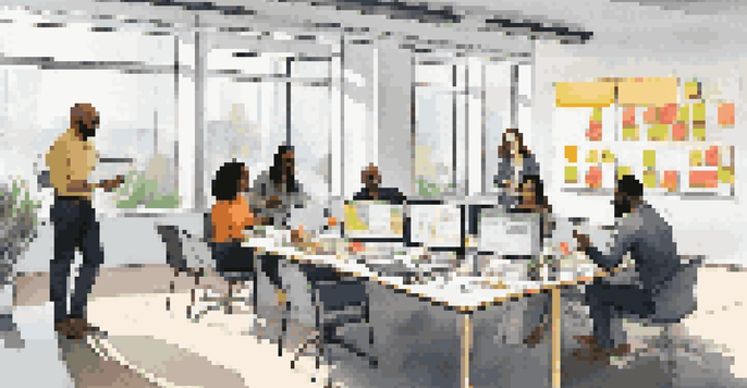 A diverse team of professionals collaborating in a bright office, surrounded by laptops and sticky notes.