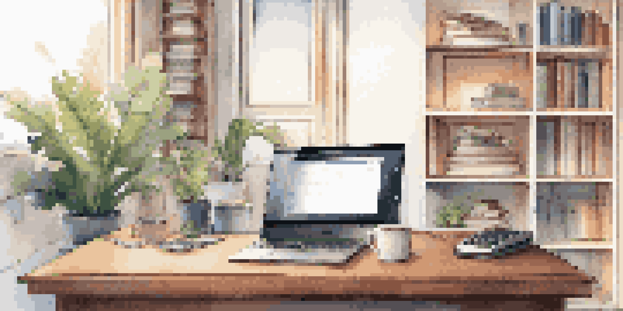 A modern workspace with a laptop displaying privacy software, warm lighting, a plant, and a coffee cup.