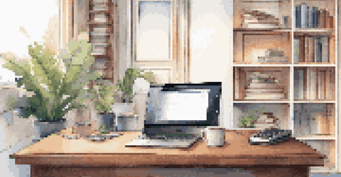 A modern workspace with a laptop displaying privacy software, warm lighting, a plant, and a coffee cup.