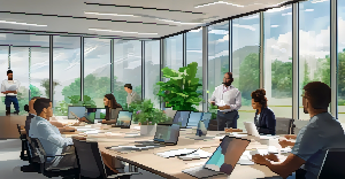 A diverse team in a bright office engaged in a cloud security compliance training session with a projector displaying key compliance frameworks.