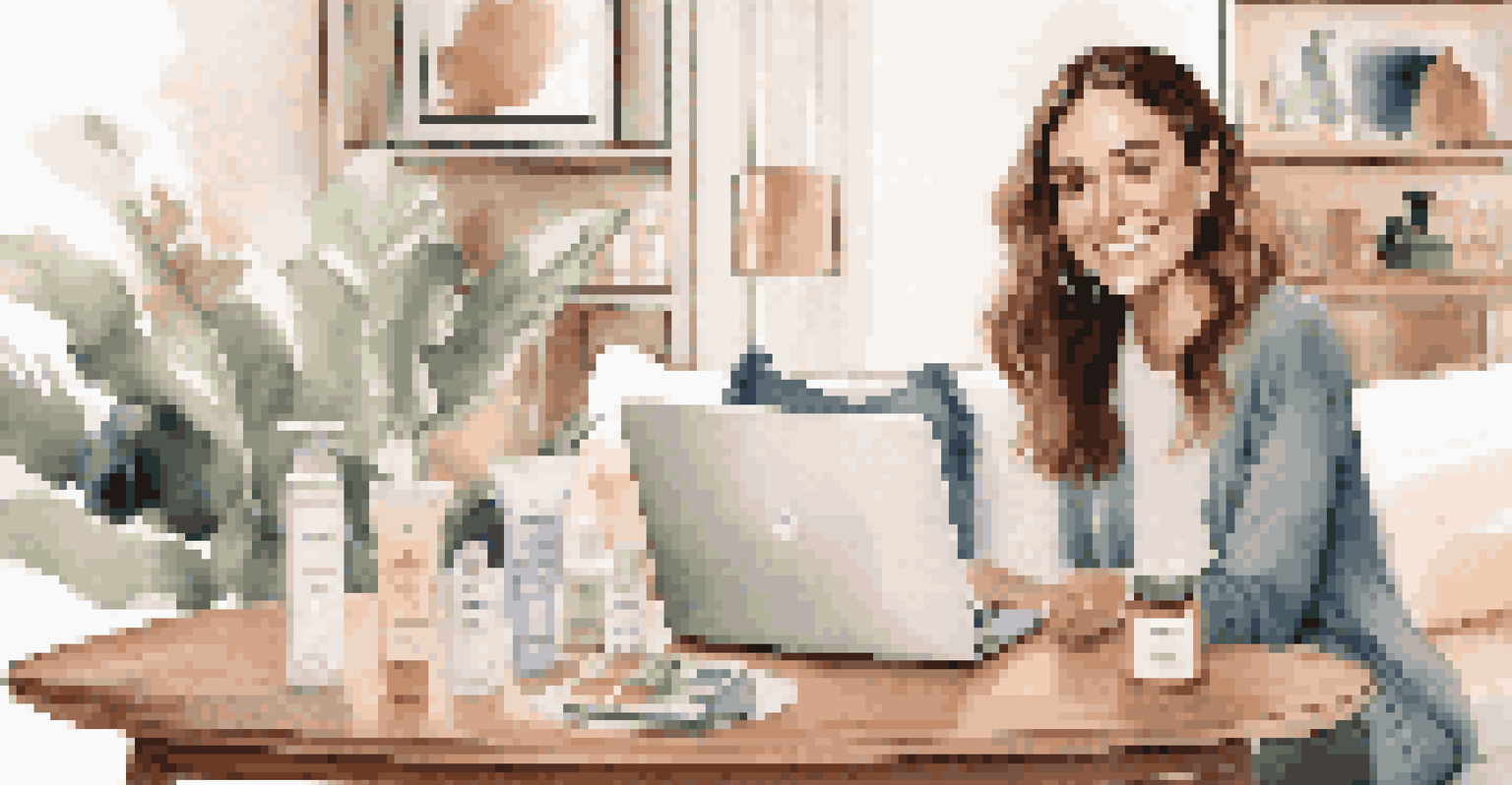 An influencer showcasing skincare products in a cozy room, with a laptop displaying a discount code and natural lighting accentuating the scene.