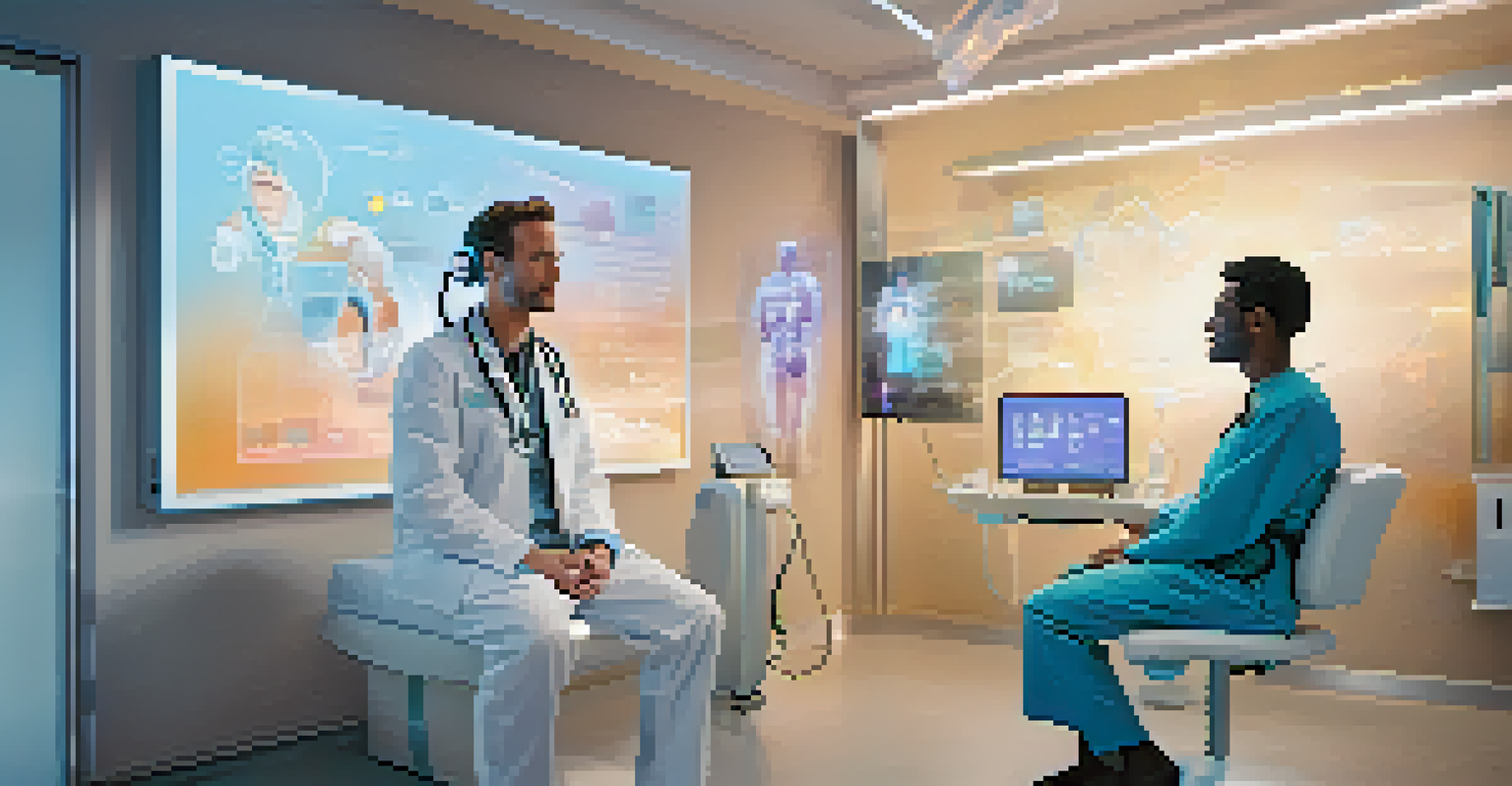 A patient using a wearable health device during a virtual consultation with a doctor, surrounded by holographic health data.