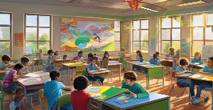 A lively classroom with students collaborating on gamified learning tasks, surrounded by educational materials and warm natural light.