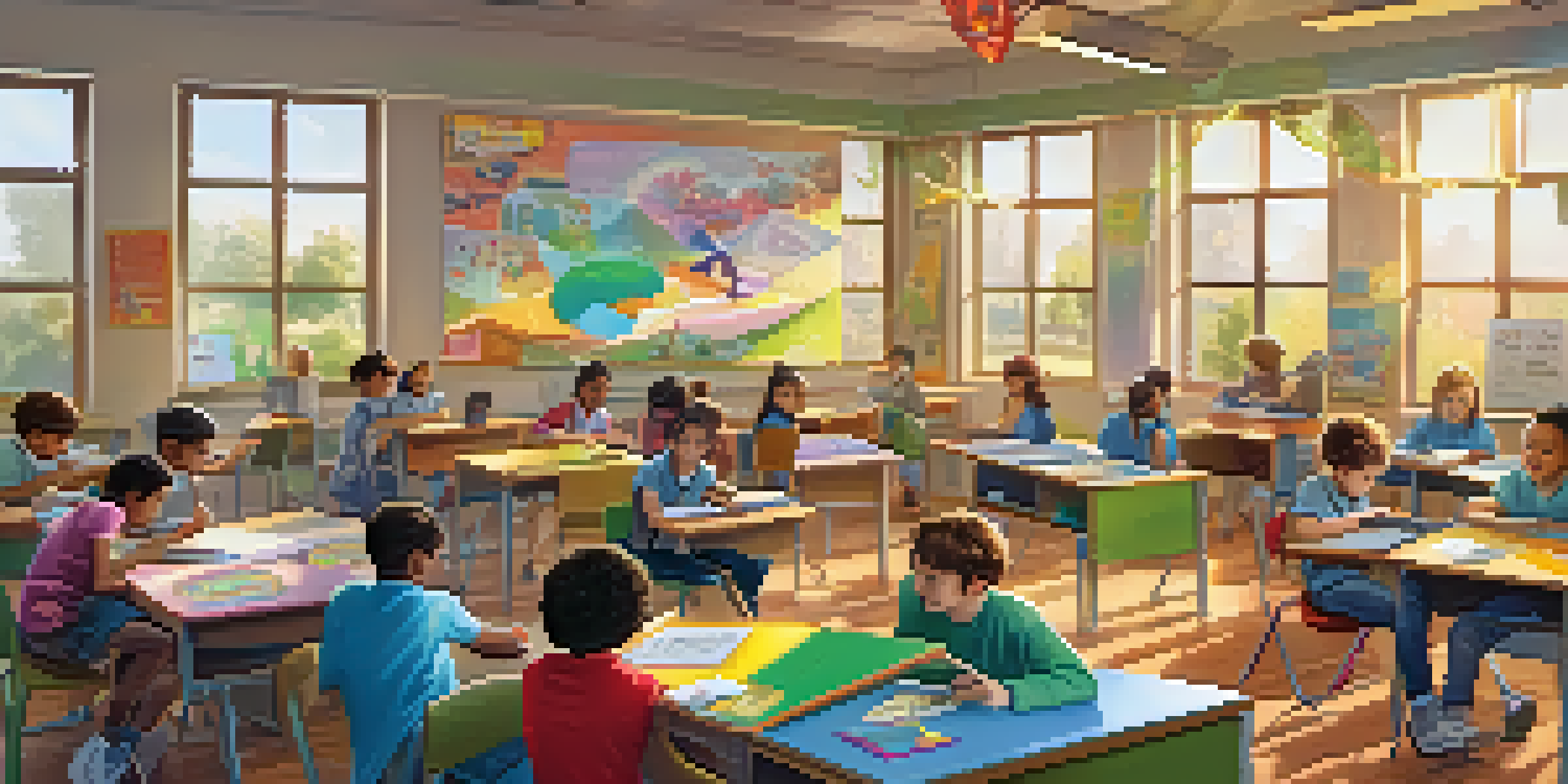 A lively classroom with students collaborating on gamified learning tasks, surrounded by educational materials and warm natural light.