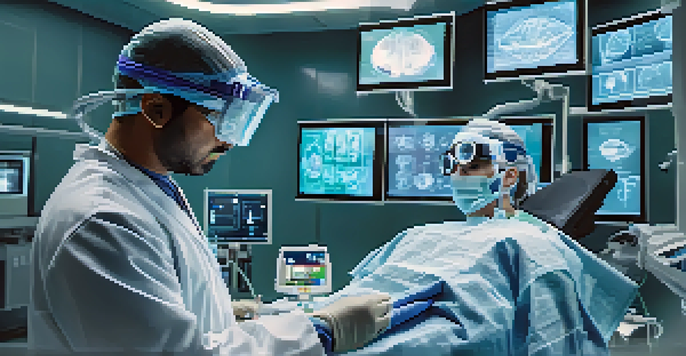 A surgeon using augmented reality glasses in an operating room, surrounded by digital data and 3D anatomy visuals.