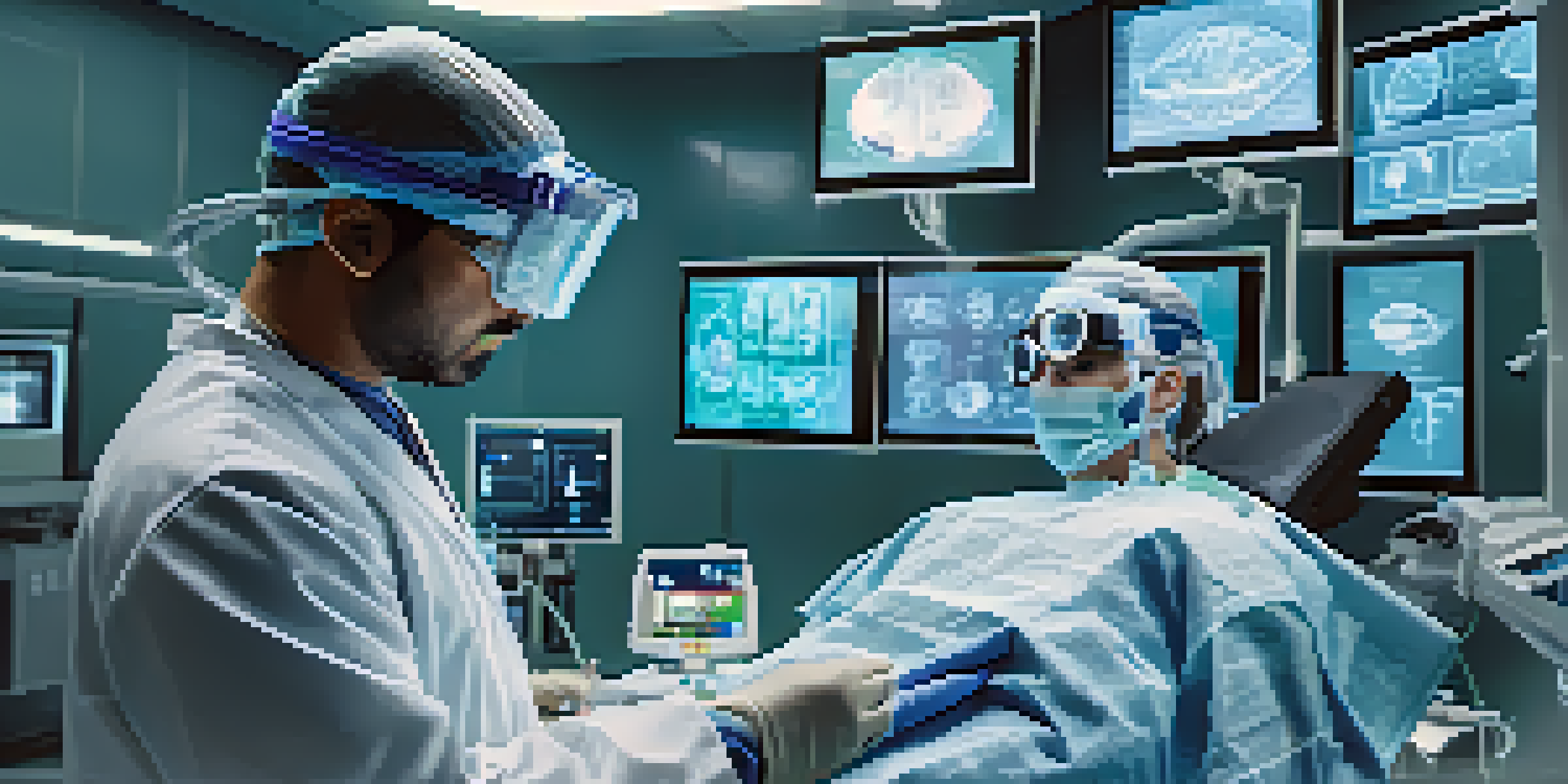 A surgeon using augmented reality glasses in an operating room, surrounded by digital data and 3D anatomy visuals.