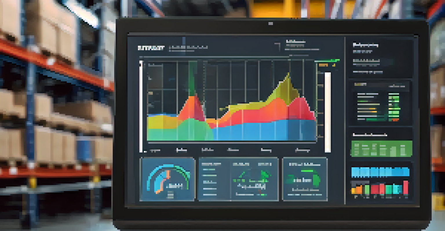 A detailed view of an automated inventory management screen showing colorful graphs and stock levels, representing advanced data analytics in a warehouse setting.
