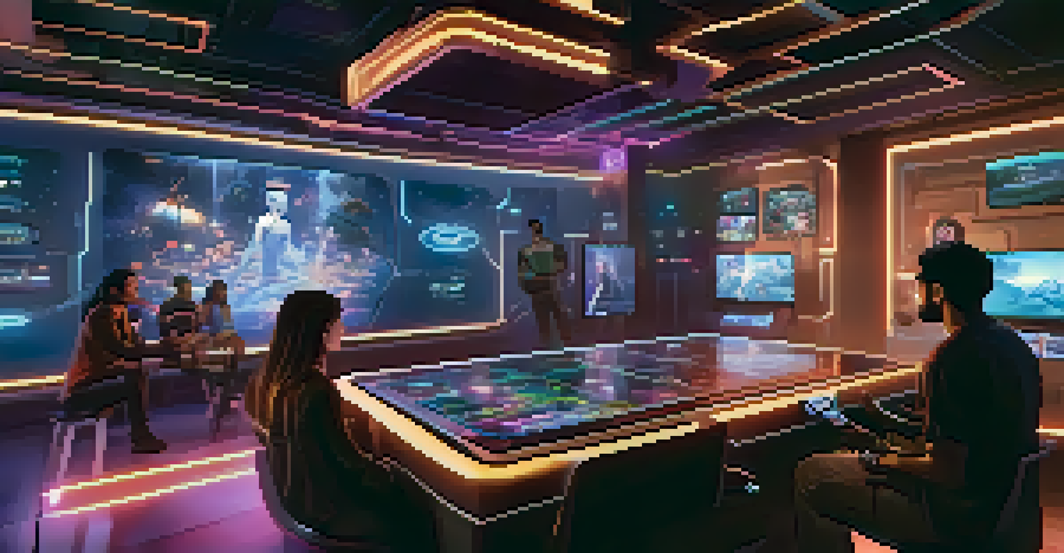 A futuristic gaming environment where players communicate with AI characters through voice commands, showcasing advanced technology in gaming.