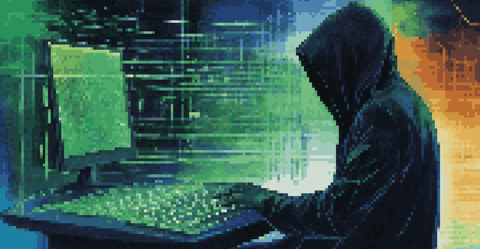 An abstract image depicting a hacker in front of a computer, surrounded by flowing lines of code and binary numbers in vibrant colors.