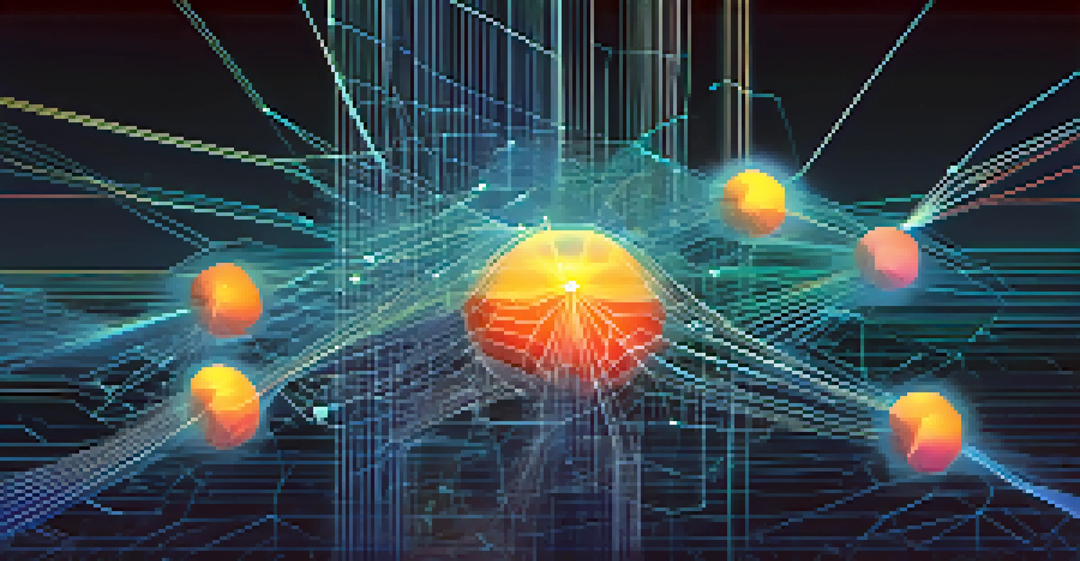 An abstract illustration of AI decision-making with neural networks and data graphs on a gradient background.