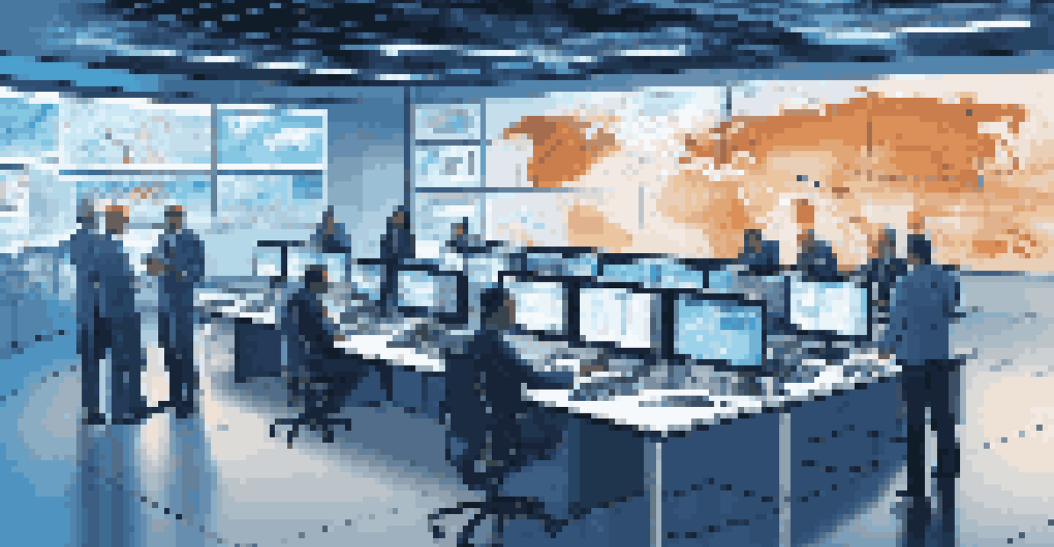 A high-tech control room for supply chain management with professionals analyzing data on large screens in a futuristic setting.