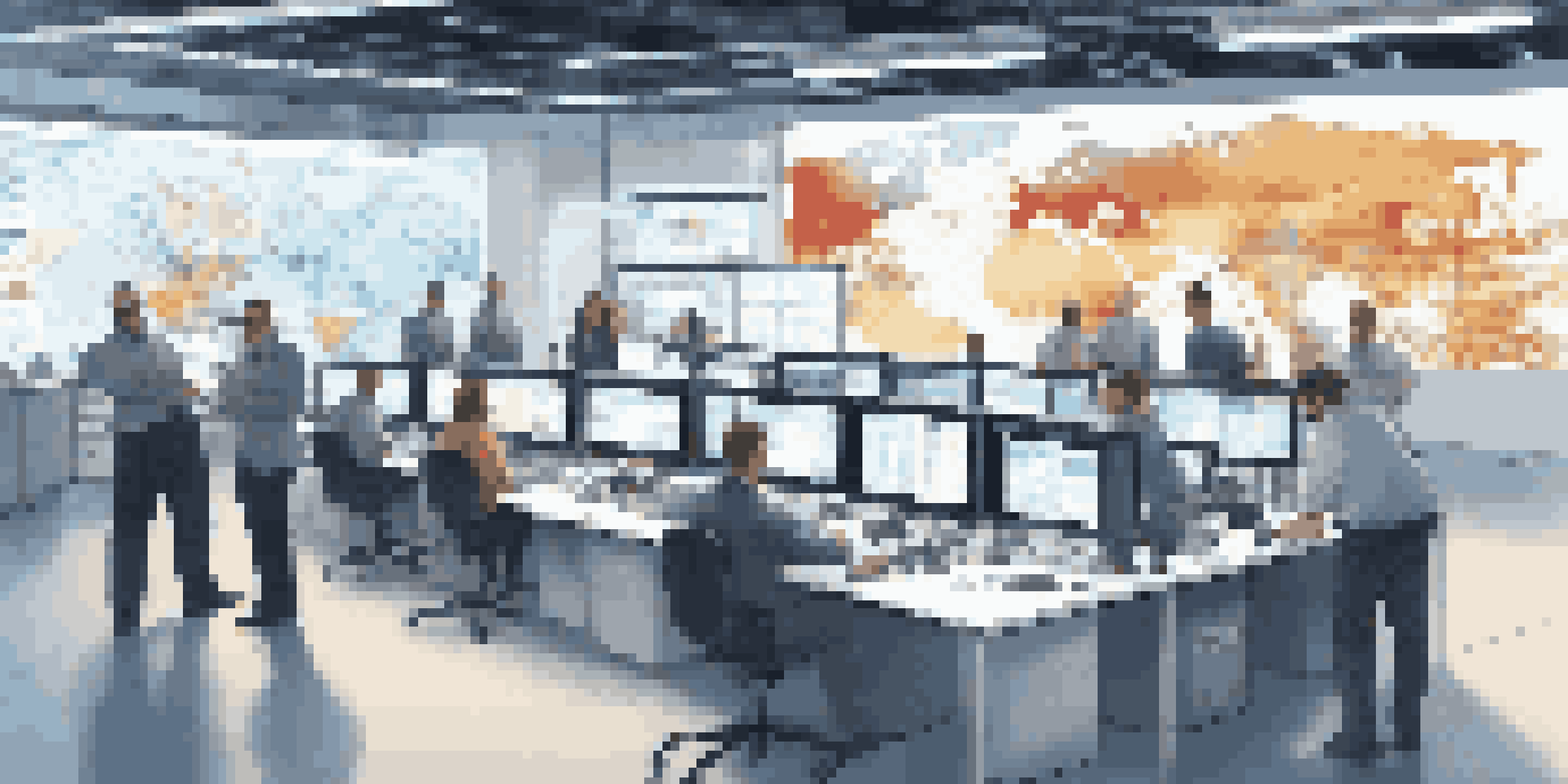 A modern control room with professionals analyzing IoT data on large screens, showcasing a map of logistics routes.
