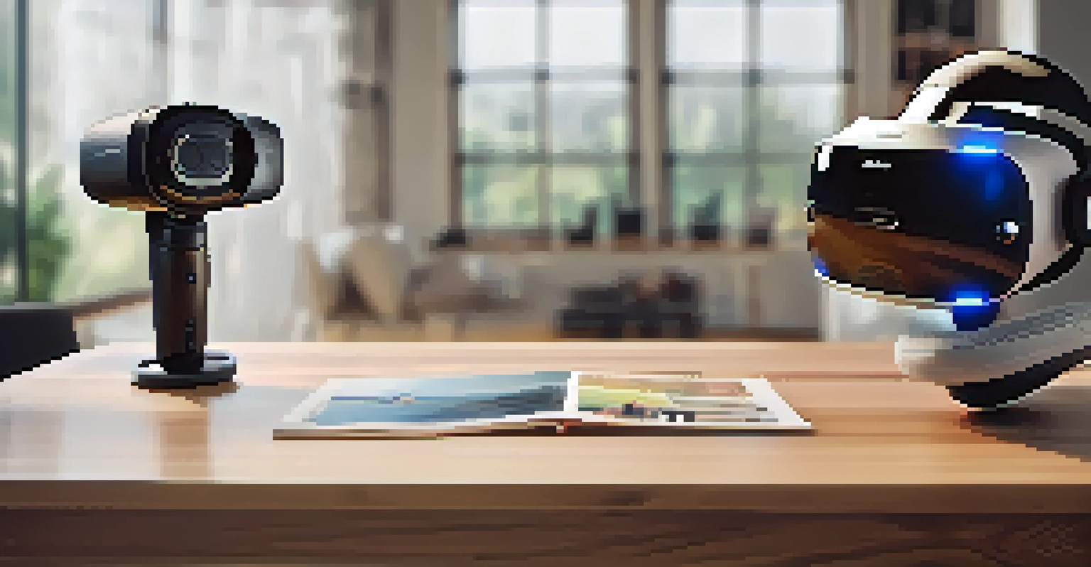 Close-up view of VR motion controllers on a table, with a blurred headset in the background.