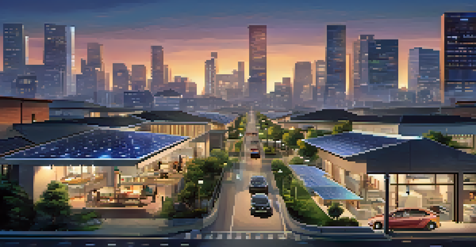 A smart city skyline at dusk with solar panels, street lights, and electric vehicles, representing sustainable energy solutions.