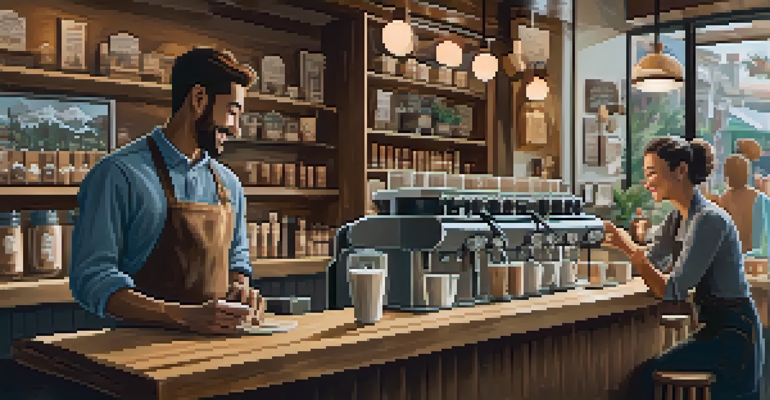 A cozy coffee shop with a smiling barista preparing a drink, warm wood decor, and customers enjoying their beverages.