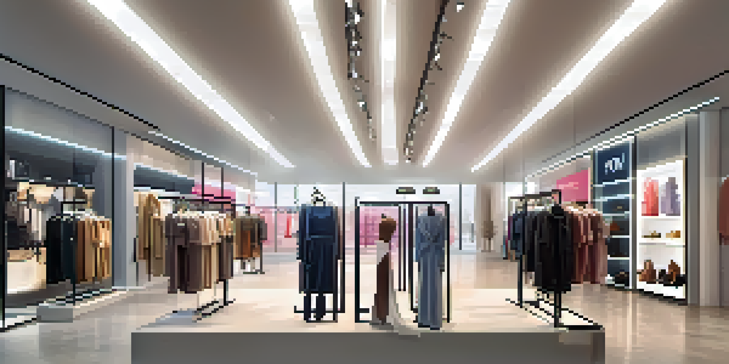 A modern retail store where customers are using augmented reality on their smartphones to try on clothes, with stylish displays and bright lighting.