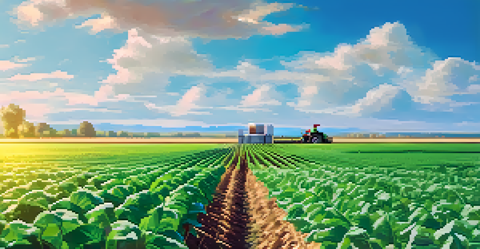A farmer in an agricultural field with AI sensors monitoring crops under a bright blue sky, highlighting innovation in farming.