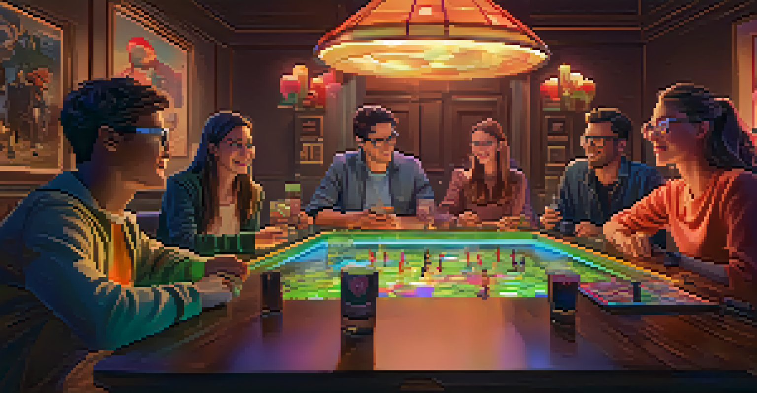 Friends wearing AR glasses around a table, engaged in a multiplayer gaming experience with a holographic game board.