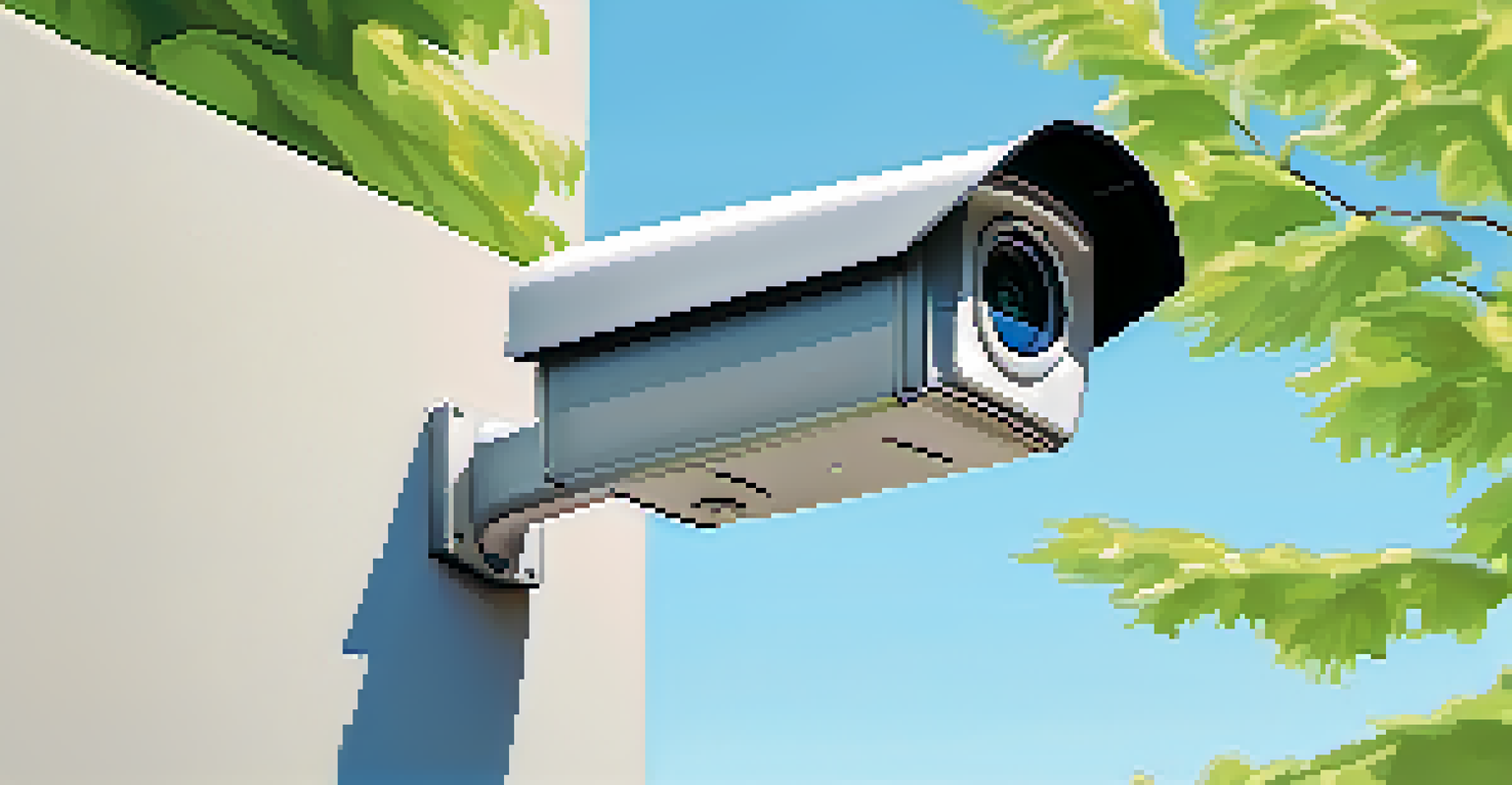 A modern outdoor security camera mounted on a house, surrounded by a beautiful garden under a blue sky.