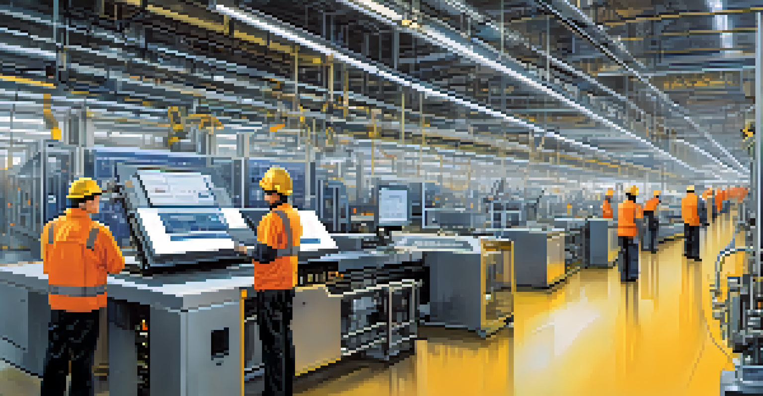 A manufacturing plant showcasing advanced machinery and sensors, with workers inspecting machines and screens displaying data.