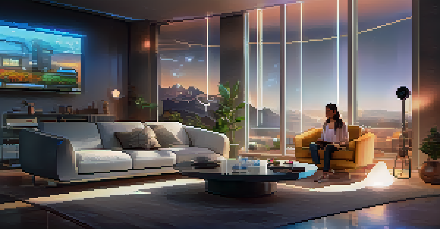 A user controlling smart home devices through voice commands, highlighted by bright and dynamic lighting to reflect a futuristic atmosphere.