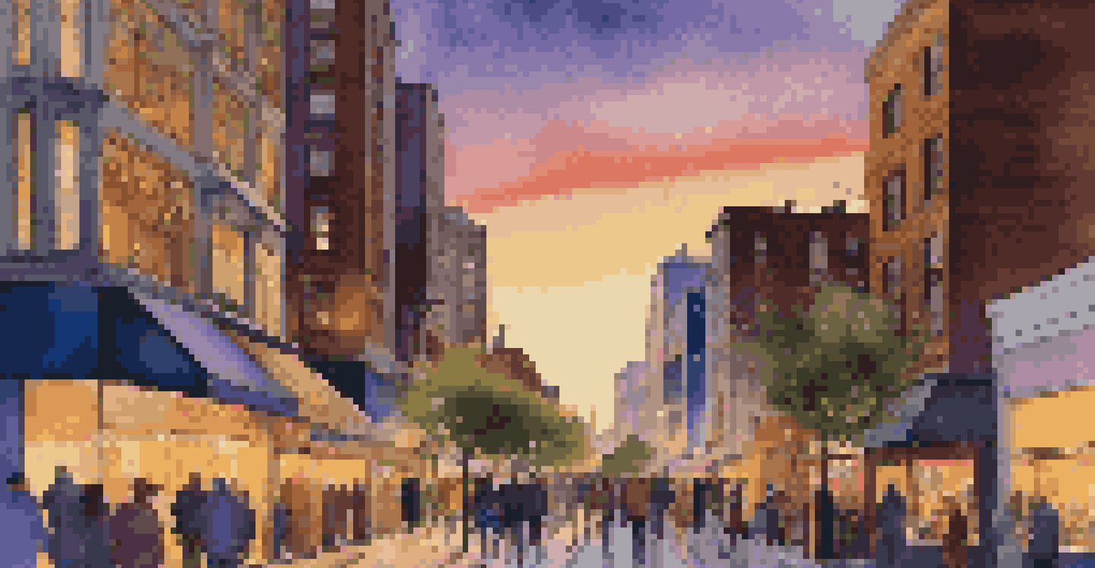 A vibrant city skyline at sunset with illuminated buildings and a busy street filled with people.