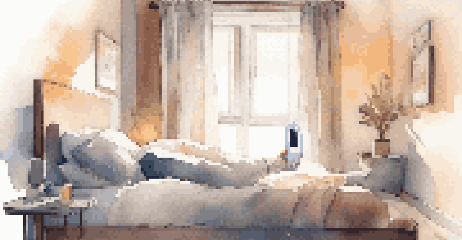 A person sleeping peacefully in a bedroom, wearing a fitness tracker on their wrist.