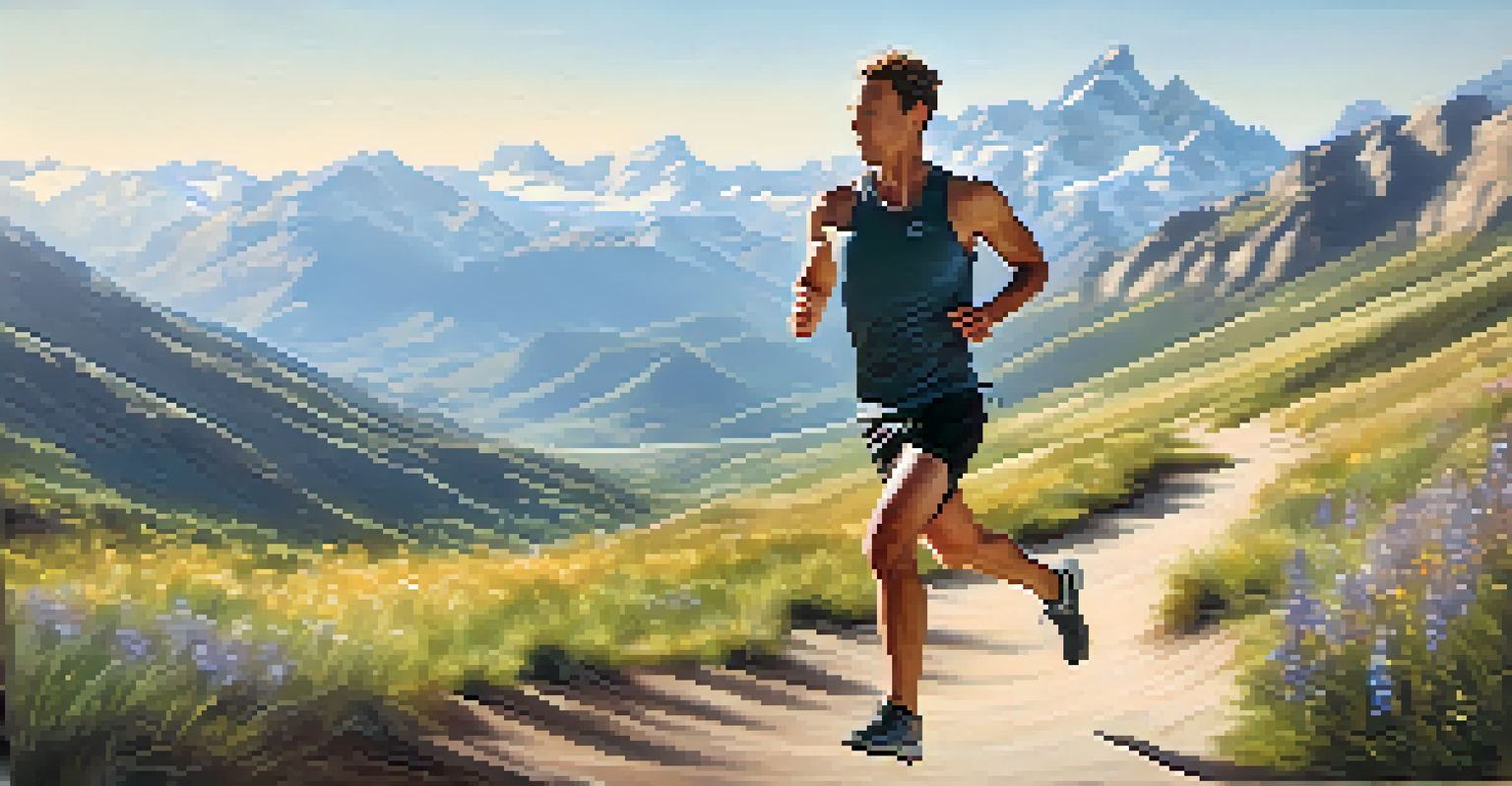 A runner wearing a fitness tracker, captured in motion on a scenic trail.